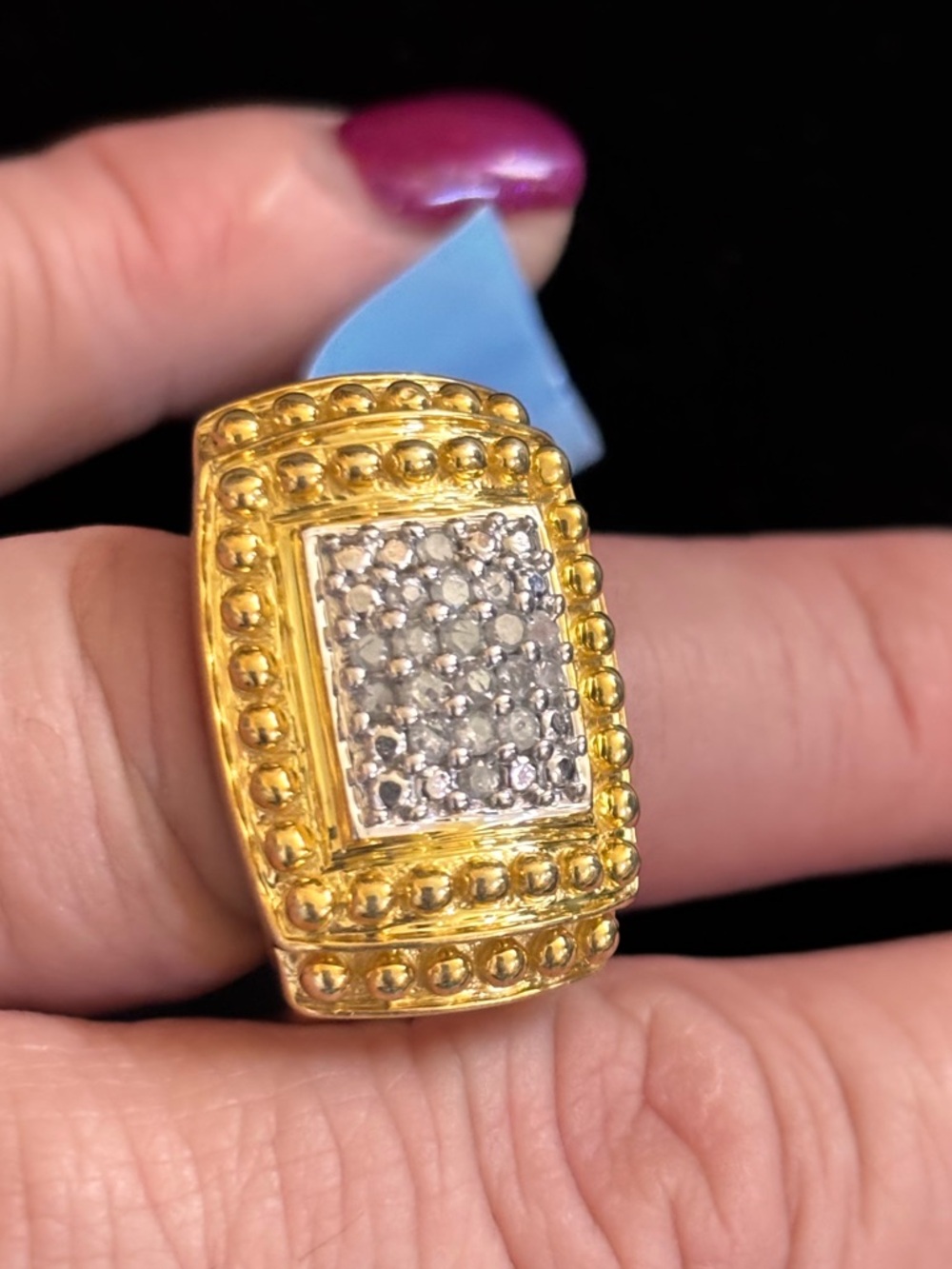 Gold-Tone Pave Square Ring with Beaded Frame - Natural Diamond UNISEX